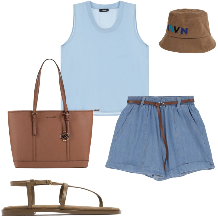 Outfit donna - In città. Stile Casual per Tutti i giorni. Abbinamento con borse a spalla, cappelli, shorts, top, sandali in pelle.
