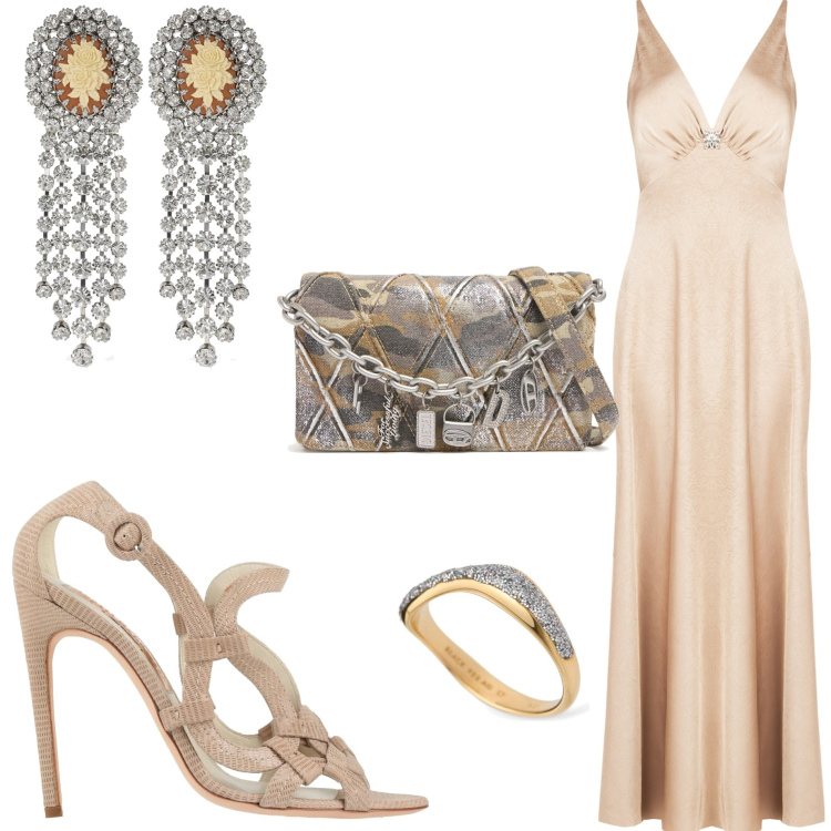 Outfit donna - Cerimonia a giugno. Stile Chic per Cerimonia. Abbinamento con sandali in pelle, vestiti lunghi, orecchini, anelli, pochette.
