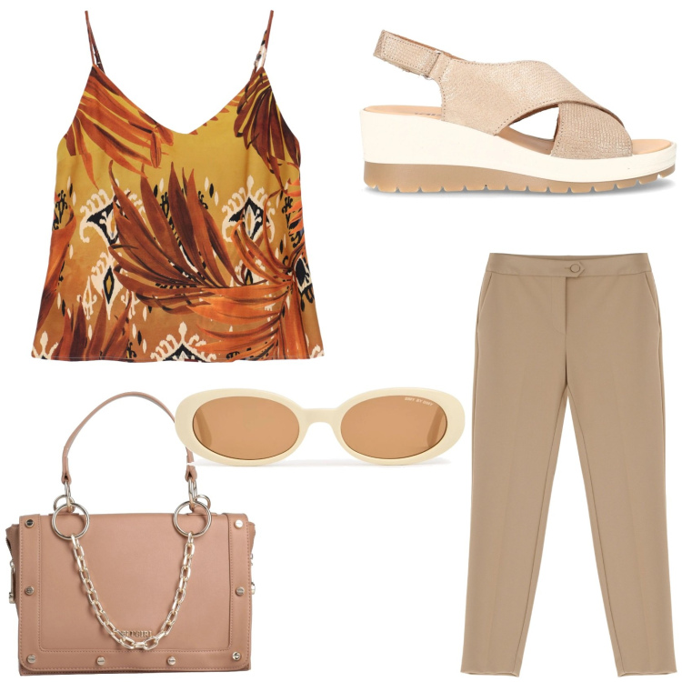 Outfit donna - Ocra al tramonto. Stile Trendy per Tutti i giorni. Abbinamento con borse a mano, canottiere, pantaloni, sandali col tacco, occhiali da sole.