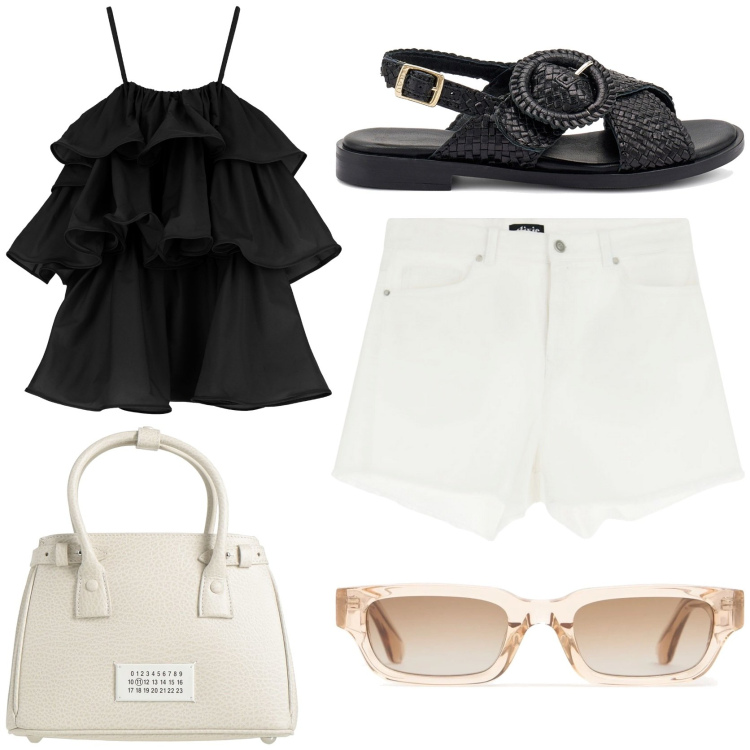 Outfit donna - Positano calling. Stile Chic per Tutti i giorni. Abbinamento con borse a mano, vestiti corti, shorts, sandali, occhiali da sole.