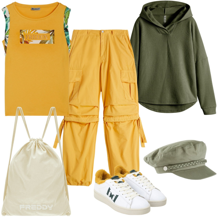 Outfit donna - Gita in montagna. Stile Casual per Tutti i giorni. Abbinamento con felpe, cappelli, sneakers, pantaloni cargo, zaini, t-shirt.
