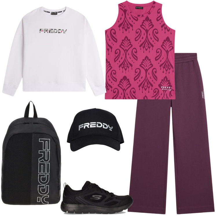 Outfit donna - Gita in montagna. Stile Casual per Tutti i giorni. Abbinamento con zaini, felpe con cappuccio, cappelli, pantaloni, canottiere, sneakers.