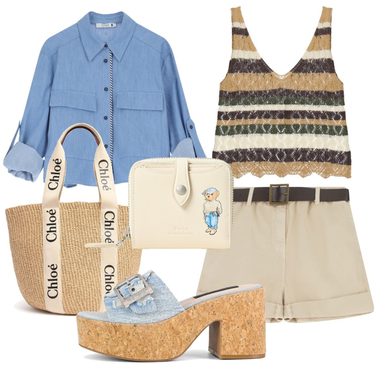 Outfit donna - Comoda e trendy in città. Stile Casual chic per Tutti i giorni. Abbinamento con top, shorts, camicie, portafogli, sandali, shopping bag.