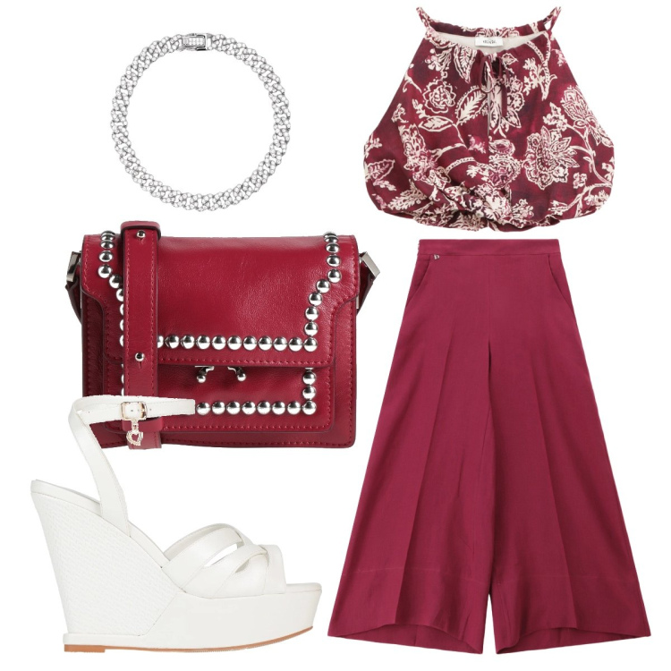 Outfit donna - Bordeaux protagonista. Stile Bon Ton per Tutti i giorni. Abbinamento con sandali in pelle, borse a tracolla, braccialetti, top, pantaloni.
