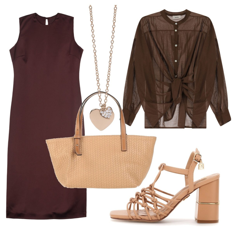 Outfit donna - Il tubino color cacao. Stile Bon Ton per Tutti i giorni. Abbinamento con borse a mano, ciondoli, camicie, vestiti midi/longuette, sandali col tacco.
