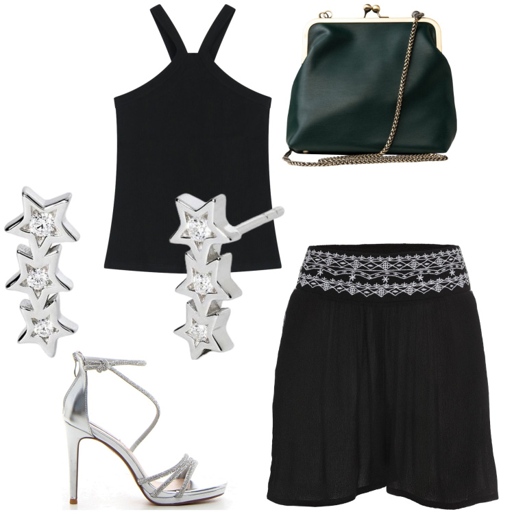 Outfit donna - Serata caldissima ma wow. Stile Sexy per Serata fuori. Abbinamento con shorts, orecchini, top, sandali col tacco, clutch.