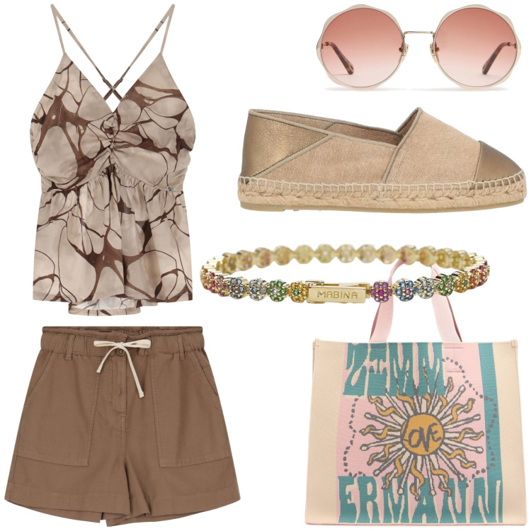 Outfit donna - Vacanze boho. Stile Boho per Tutti i giorni. Abbinamento con espadrillas, braccialetti, canottiere, shorts, shopping bag, occhiali da sole.