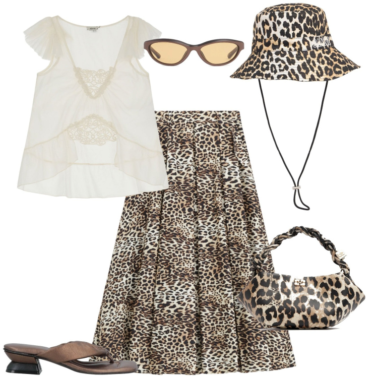 Outfit donna - Total look #2193688. Stile Glamour per Tutti i giorni. Abbinamento con infradito, gonne longuette, top, cappelli, borse a mano, occhiali da sole.