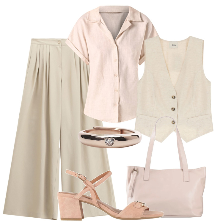 Outfit donna - Colori chiari H24. Stile Glamour per Ufficio. Abbinamento con sandali in pelle, borse a mano, anelli, camicie a manica corta, pantaloni a palazzo, gilet.