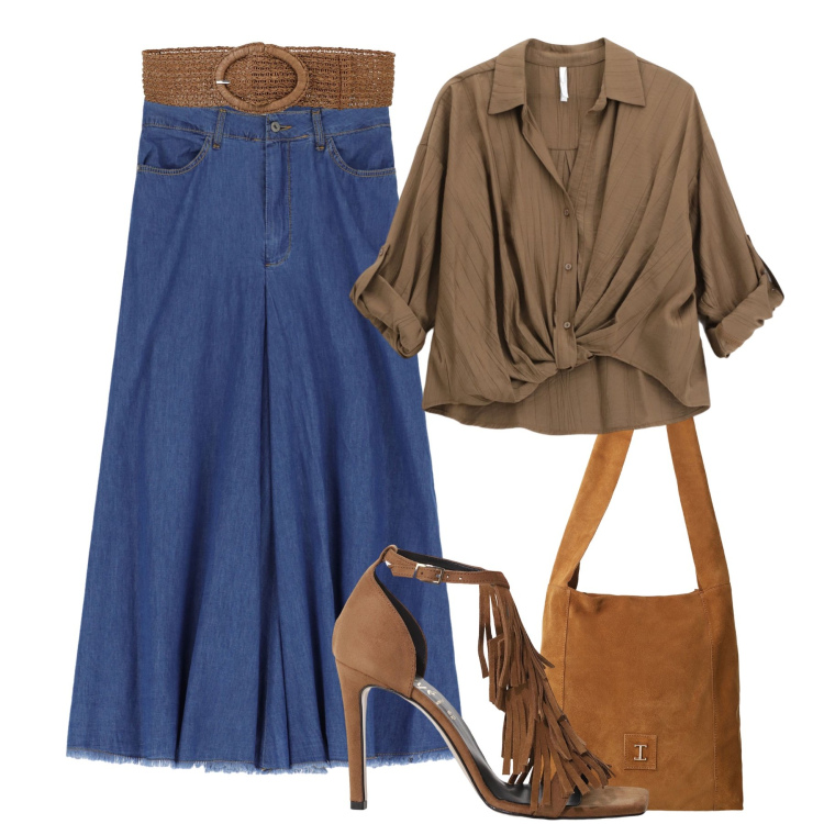 Outfit donna - Boho city. Stile Boho per Tutti i giorni. Abbinamento con cinture, camicie, borse a tracolla, gonne lunghe, décolleté.