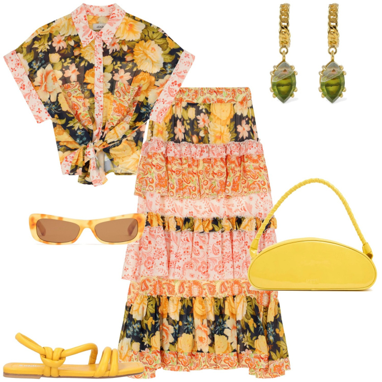 Outfit donna - Total look #2193693. Stile Boho per Mare. Abbinamento con sandali in pelle, gonne lunghe, camicie a manica corta, orecchini, borse a spalla, occhiali da sole.