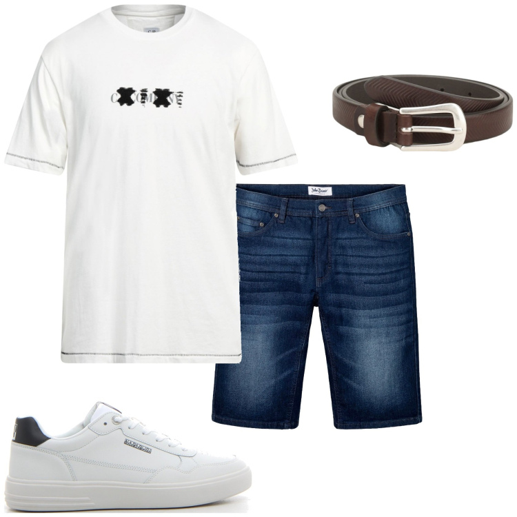 Outfit uomo - Al concerto. Stile Urban per Tutti i giorni. Abbinamento con bermuda, t-shirt, cinture, sneakers.