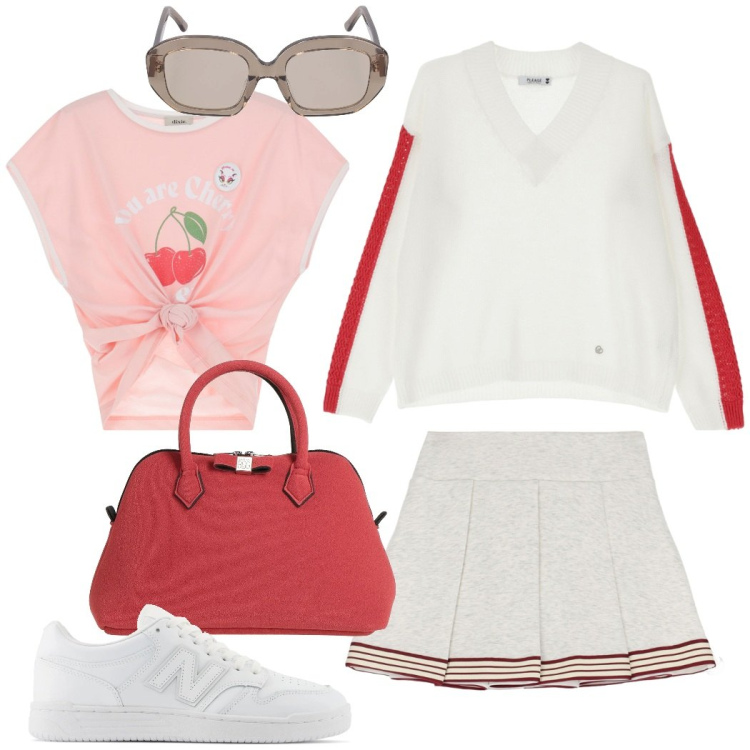 Outfit donna - Tennis club. Stile Sporty chic per Tutti i giorni. Abbinamento con borse a mano, sneakers, pullovers, minigonne, t-shirt, occhiali da sole.