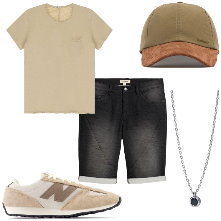 Outfit uomo - Al concerto con amici. Stile Urban per Tutti i giorni. Abbinamento con bermuda, collane, sneakers, t-shirt, cappelli con visiera.
