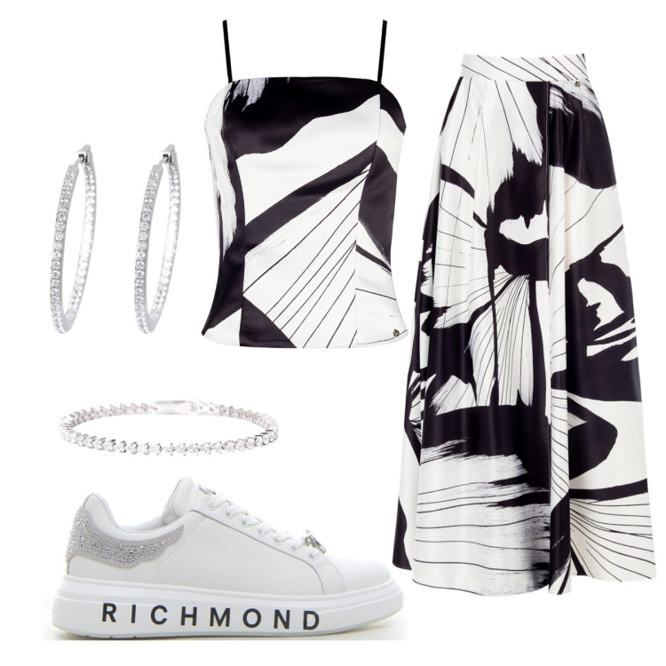 Outfit donna - Elegante in città. Stile Chic per Serata fuori. Abbinamento con orecchini, braccialetti, gonne lunghe, canottiere, sneakers.