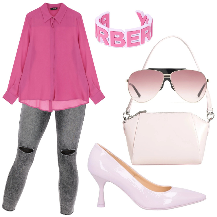 Outfit donna - Barbie girl. per Scuola/Università. Abbinamento con jeans skinny, camicie, borse a mano, décolleté, braccialetti, occhiali da sole.