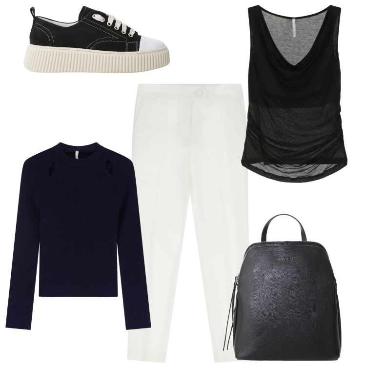 Outfit donna - Viaggiando. Stile Glamour per Tutti i giorni. Abbinamento con top, sneakers, pantaloni, maglieria, zaini.