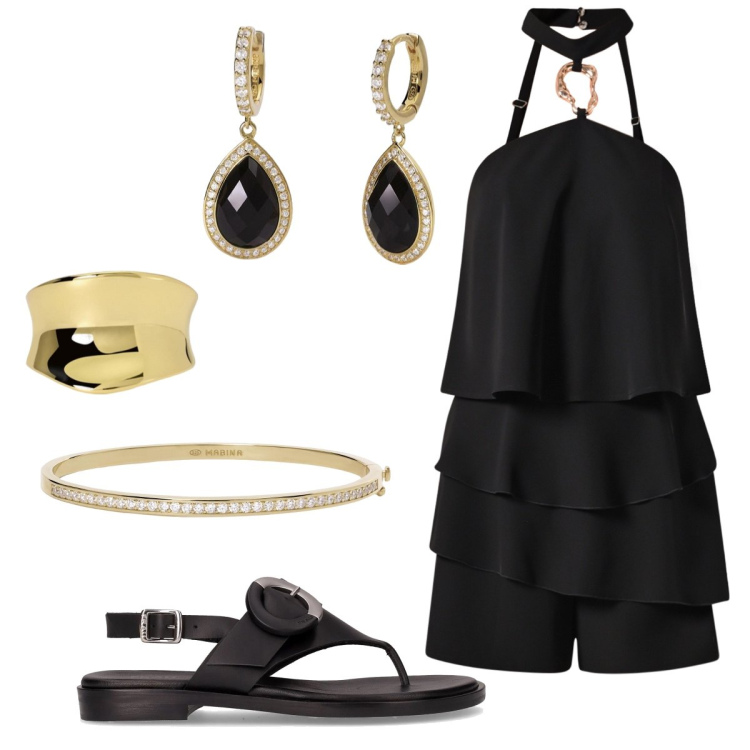 Outfit donna - Dress code: black. Stile Glamour per Serata fuori. Abbinamento con orecchini, braccialetti, anelli, tuta corta, ciabatte.