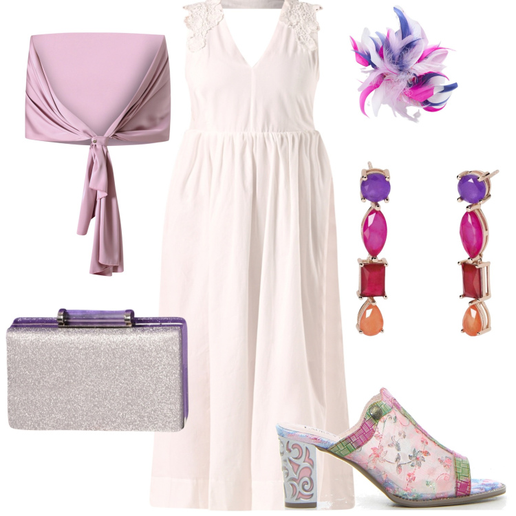 Outfit donna - Bianco prezioso. Stile Glamour per Cerimonia. Abbinamento con orecchini, scialli, vestiti, pochette, sabot, accessori per capelli.