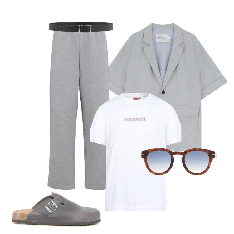 Outfit uomo - In ufficio in grigio. Stile Trendy per Ufficio. Abbinamento con cinture, t-shirt, giacche, occhiali da sole, sandali, pantaloni.