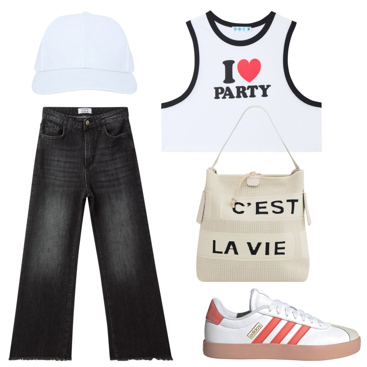 Outfit donna - Il top bianco. Stile Casual per Scuola/Università. Abbinamento con canottiere, cappelli con visiera, jeans, borse a mano, sneakers.