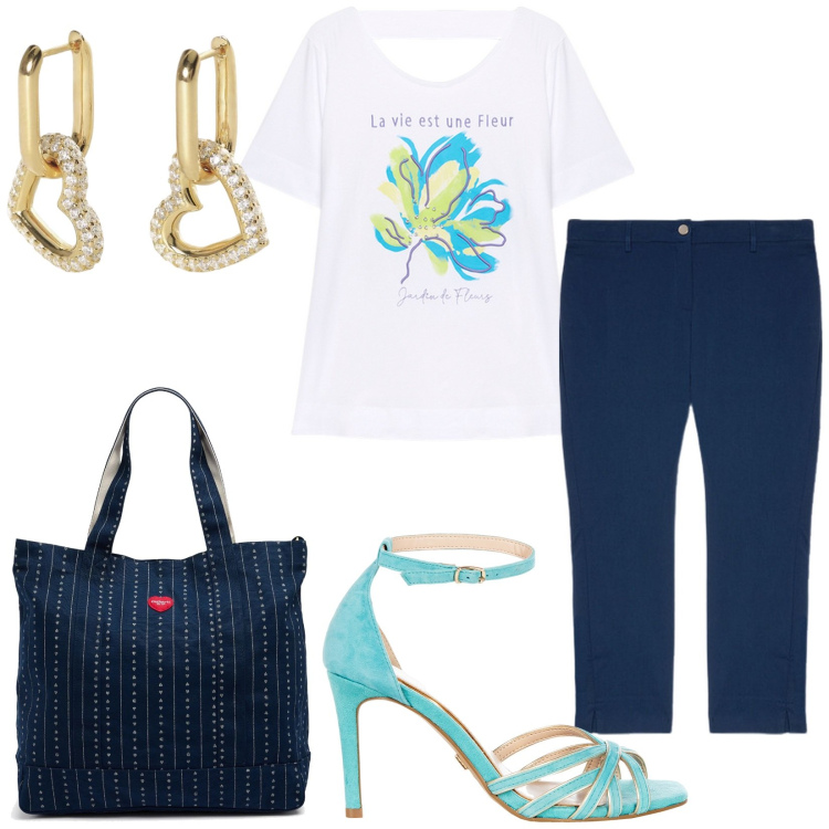Outfit donna - Total look #2193732. Stile Casual chic per Tutti i giorni. Abbinamento con orecchini, sandali col tacco, t-shirt, pantaloni chino, borse tote.