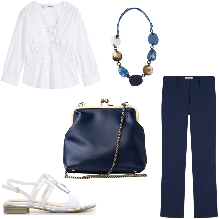 Outfit donna - Eleganza classica. Stile Sporty chic per Tutti i giorni. Abbinamento con pantaloni, bluse, sandali, clutch, collane.
