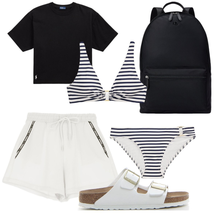 Outfit donna - Sea day. Stile Casual per Mare. Abbinamento con shorts, zaini, t-shirt, bikini, bikini, ciabatte.