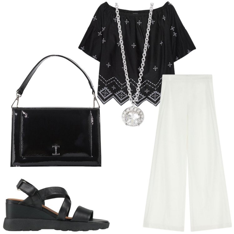 Outfit donna - Total look #2193735. Stile Casual per Tutti i giorni. Abbinamento con sandali in pelle, collane, borse a tracolla, pantaloni a palazzo, bluse.