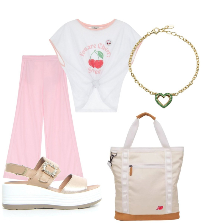 Outfit donna - Look da viaggio leggero. Stile Casual per Mare. Abbinamento con braccialetti, shopping bag, pantaloni a palazzo, t-shirt, sandali.