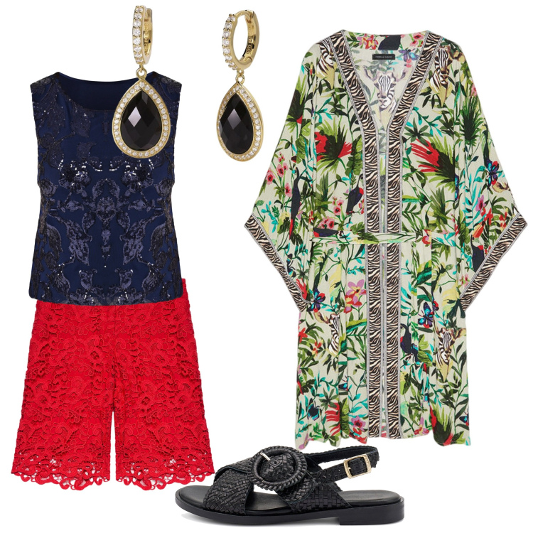 Outfit donna - Caftano prezioso. Stile Trendy per Serata fuori. Abbinamento con top, orecchini, caftani, pantaloni corti, sandali.