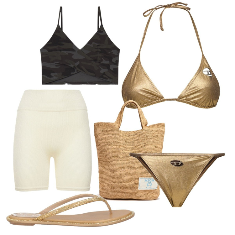 Outfit donna - Estate esplosiva. Stile Sporty chic per Mare. Abbinamento con infradito, top, shopping bag, bikini, bikini, shorts.