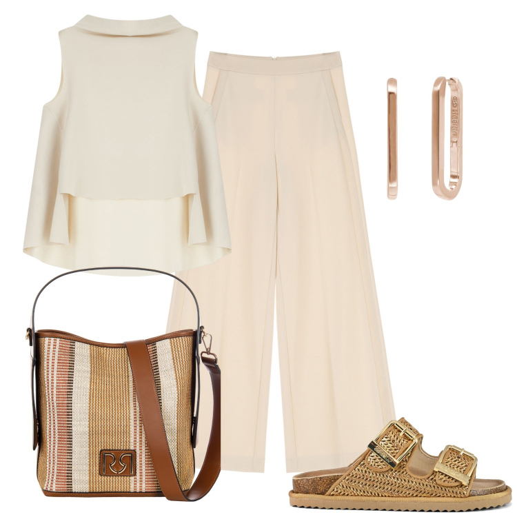 Outfit donna - Toccata e fuga. Stile Basic per Tutti i giorni. Abbinamento con orecchini, borse a secchiello, top, pantaloni a palazzo, sandali.