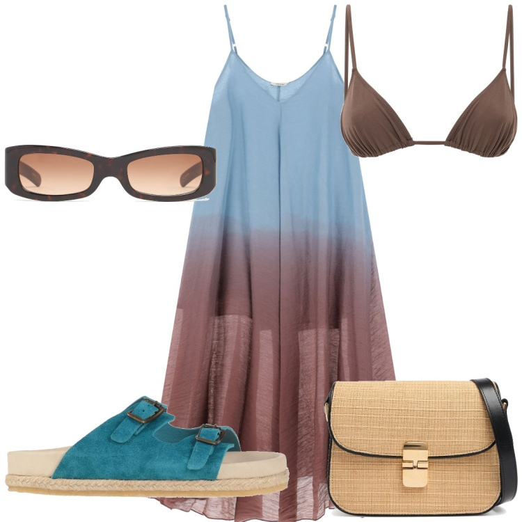 Outfit donna - Total look #2193750. Stile Trendy per Mare. Abbinamento con sandali in pelle, vestiti lunghi, borse a spalla, bikini, occhiali da sole.