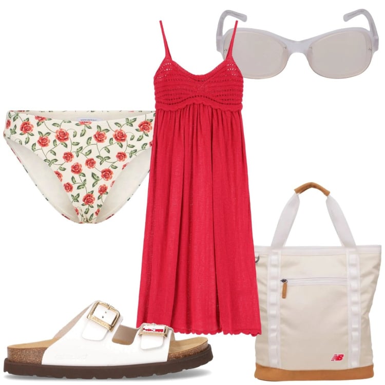 Outfit donna - Total look #2193751. Stile Trendy per Mare. Abbinamento con shopping bag, vestiti, ciabatte, occhiali da sole, bikini.