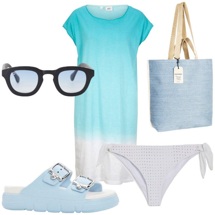 Outfit donna - Total look #2193753. Stile Trendy per Mare. Abbinamento con ciabatte, vestiti lunghi, borse tote, occhiali da sole, bikini.
