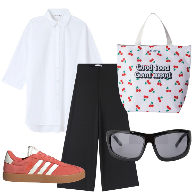Outfit donna - Confort in viaggio. Stile Casual per Tutti i giorni. Abbinamento con pantaloni culotte, camicie, borse tote, occhiali da sole, sneakers.