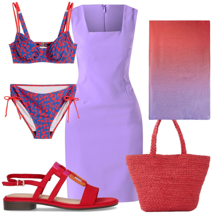 Outfit donna - Total look #2193766. Stile Trendy per Mare. Abbinamento con bikini, shopping bag, vestiti a tubino, stole, sandali.