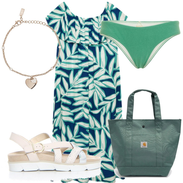 Outfit donna - Total look #2193768. Stile Trendy per Mare. Abbinamento con braccialetti con ciondoli, vestiti lunghi, borse tote, sandali, bikini.