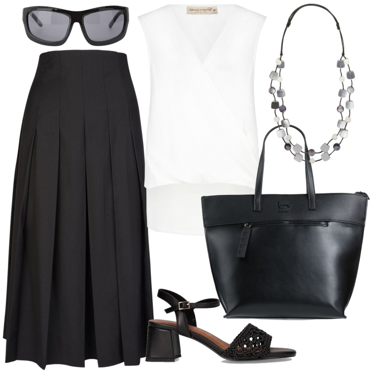 Outfit donna - Perfezione semplice. Stile Minimal per Ufficio. Abbinamento con borse a mano, bluse, occhiali da sole, gonne longuette, sandali col tacco, collane.
