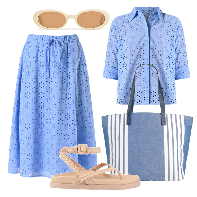 Outfit donna - Spiaggia chic. Stile Casual chic per Mare. Abbinamento con infradito, borse a spalla, camicie, gonne longuette, occhiali da sole.