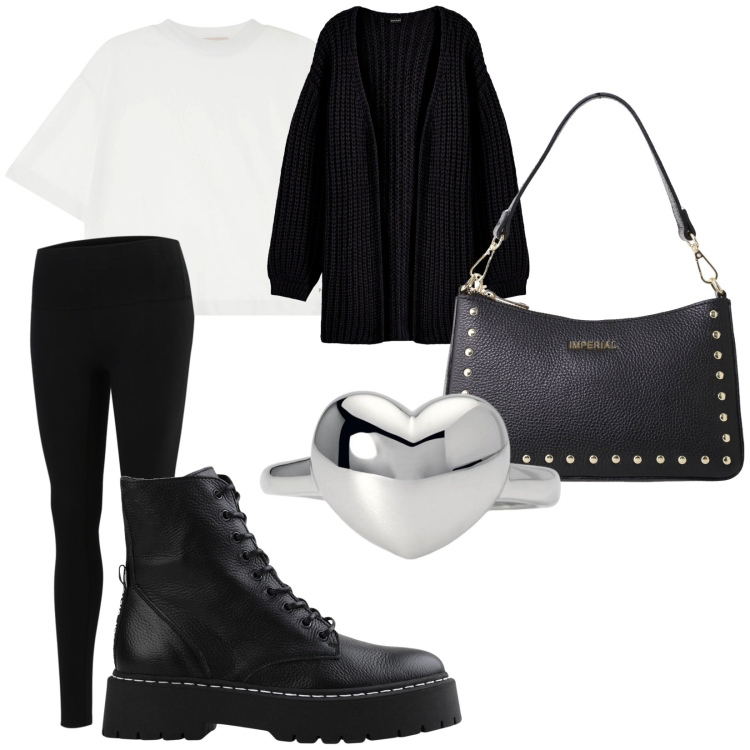 Outfit donna - rock\'n roll. Stile Rock per Tutti i giorni. Abbinamento con cardigans, stivaletti, anelli, leggings, t-shirt, borse a spalla.
