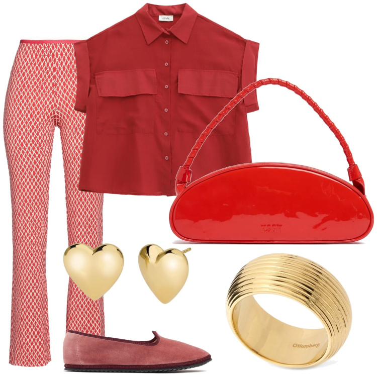 Outfit donna - File rouge ️. Stile Chic per Serata fuori. Abbinamento con leggings, orecchini, camicie a manica corta, mocassini, anelli, borse a spalla.