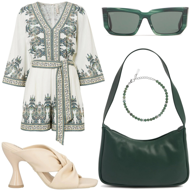 Outfit donna - Vacanze a Portofino. Stile Casual chic per Mare. Abbinamento con tute, sandali in pelle, braccialetti, borse a spalla, occhiali da sole.