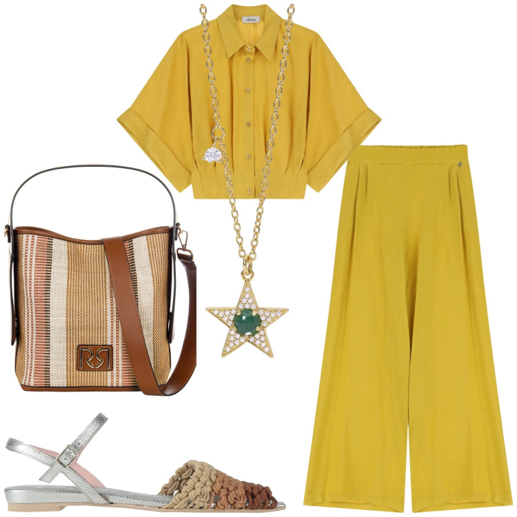 Outfit donna - Il completo giallo. Stile Casual chic per Tutti i giorni. Abbinamento con sandali in pelle, collane, borse a secchiello, pantaloni, camicie.