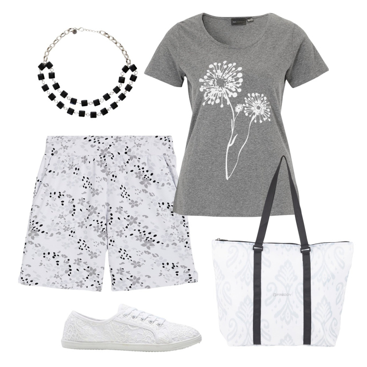 Outfit donna - Le sneakers con pizzo. Stile Casual per Tutti i giorni. Abbinamento con t-shirt, sneakers, shopping bag, pantaloni corti, collane.