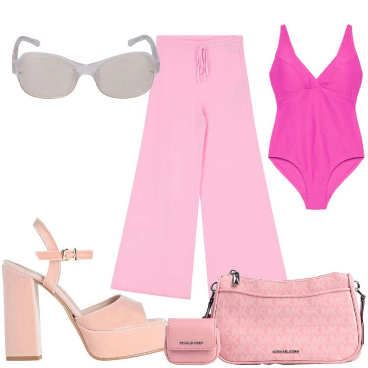Outfit donna - Total look #2193803. Stile Trendy per Mare. Abbinamento con borse a tracolla, sandali in pelle, pantaloni, costumi interi, occhiali da sole.