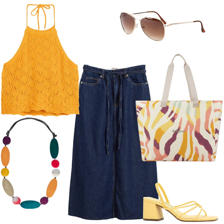 Outfit donna - Top giallo. Stile Casual per Tutti i giorni. Abbinamento con occhiali da sole, sandali col tacco, gonne longuette, top, shopping bag, collane.