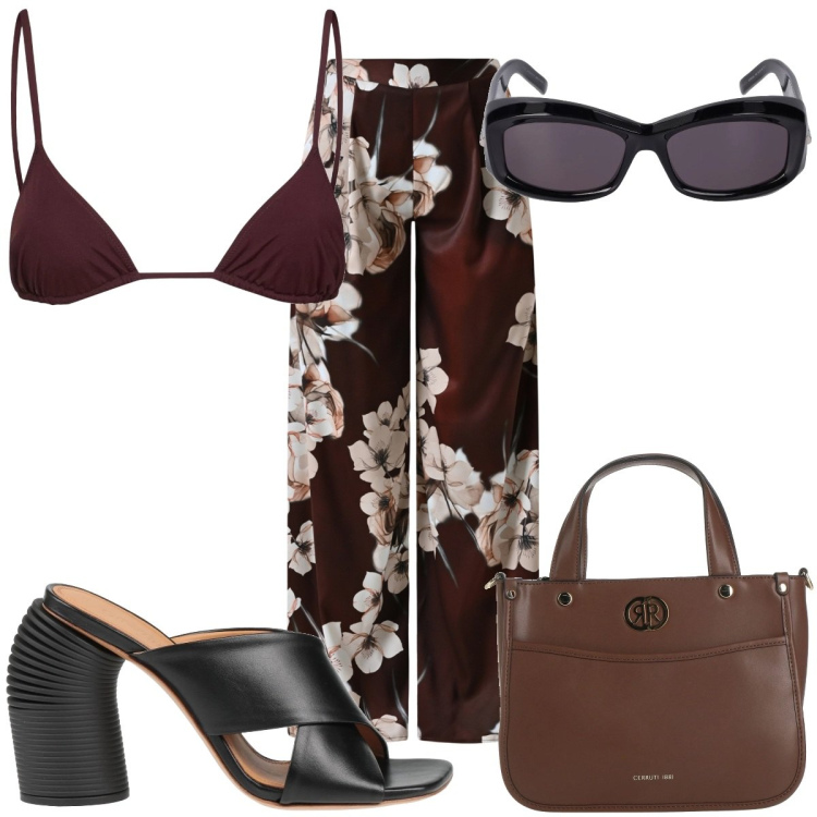 Outfit donna - Total look #2193806. Stile 70s per Mare. Abbinamento con borse a mano, sandali in pelle, pantaloni a palazzo, occhiali da sole, bikini.