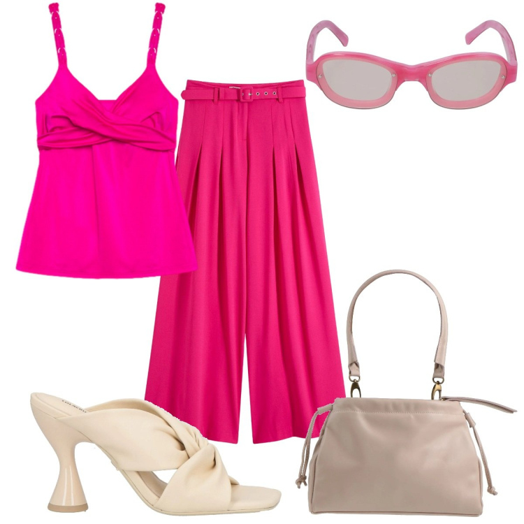 Outfit donna - Total look #2193807. Stile Trendy per Mare. Abbinamento con pantaloni, sandali in pelle, borse a mano, costumi interi, occhiali da sole.